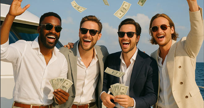 Four smartly dressed men on a boat throw with cash